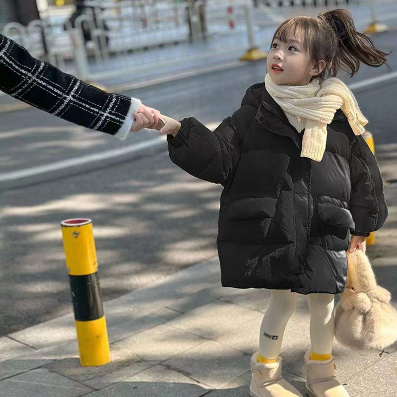 Dívčí tlustá bunda Zimní dlouhá Jednobarevná Hřejivá S kapucí Větruodolný kabát Pro 6-14 let Módní teenagerovská Lyžařská kombinéza