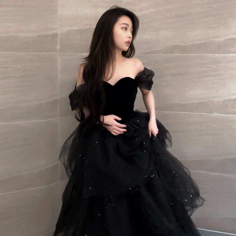 Black Evening Dress Skirt Light Luxury Niche French Tutu Skirt Host Female Summer Art Examination Graduation Adult Ceremony Feeling