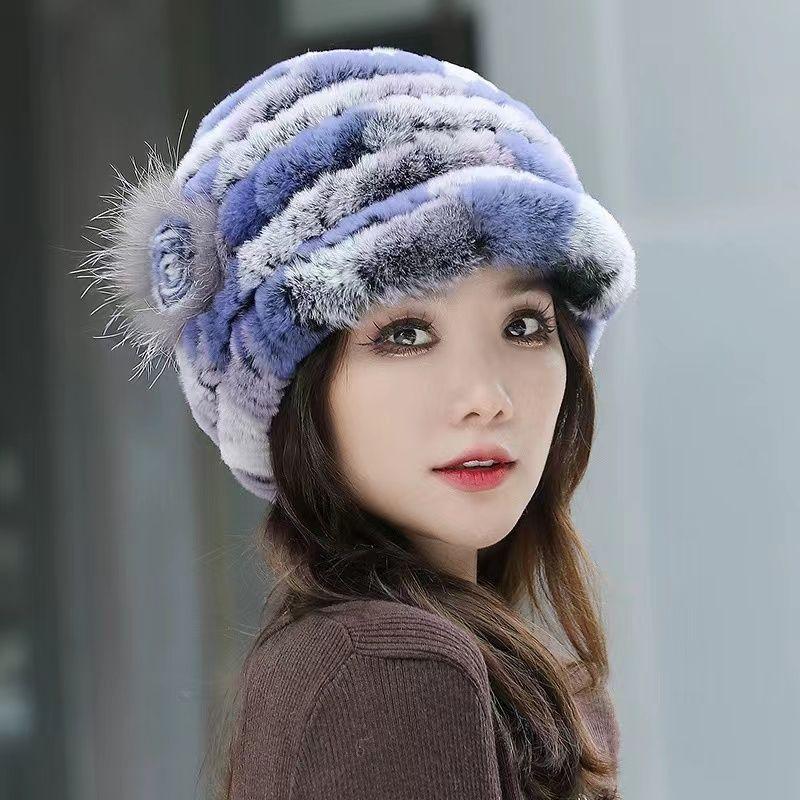 Rex Rabbit Fur Hat Genuine Fur Ear Protection Thick Warm Fashionable Fox Fur Flower Duckbill Cap New All-match Autumn and Winter Women's Hat
