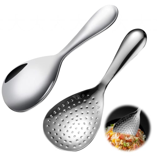 PAVIKE Slotted Spoon, Stainless Steel Rice Paddle, Ergonomic, Non-Slip, Easy To Clean, Approx. 20*7cm, Set of 2