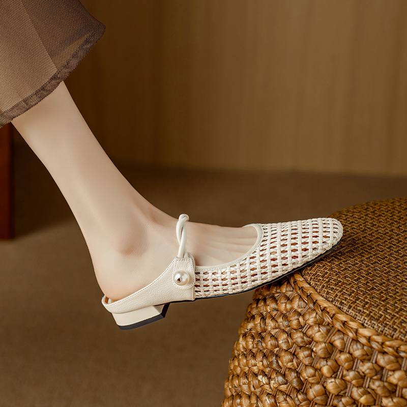 Krazing Pot Microfiber Mules Weaving Summer Size 41 Low Heels Pearl-studded Party Shoes Women Square Toe Gladiator Hollow Out Pumps