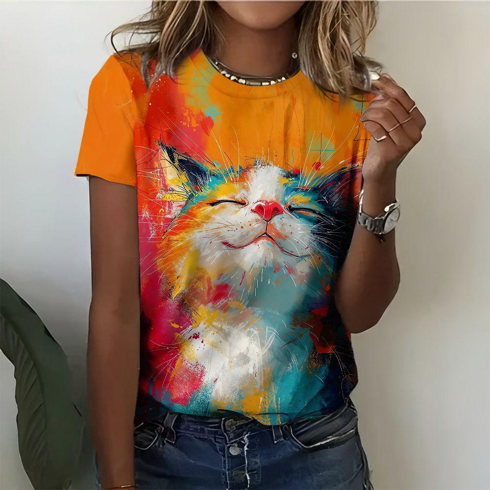 Süße Katze Tier 3D Druck T-Shirts Sommer Mode Damen Rundhals Kurzarm T-Shirt Tees Harajuku Y2K Tops Damenkleidung