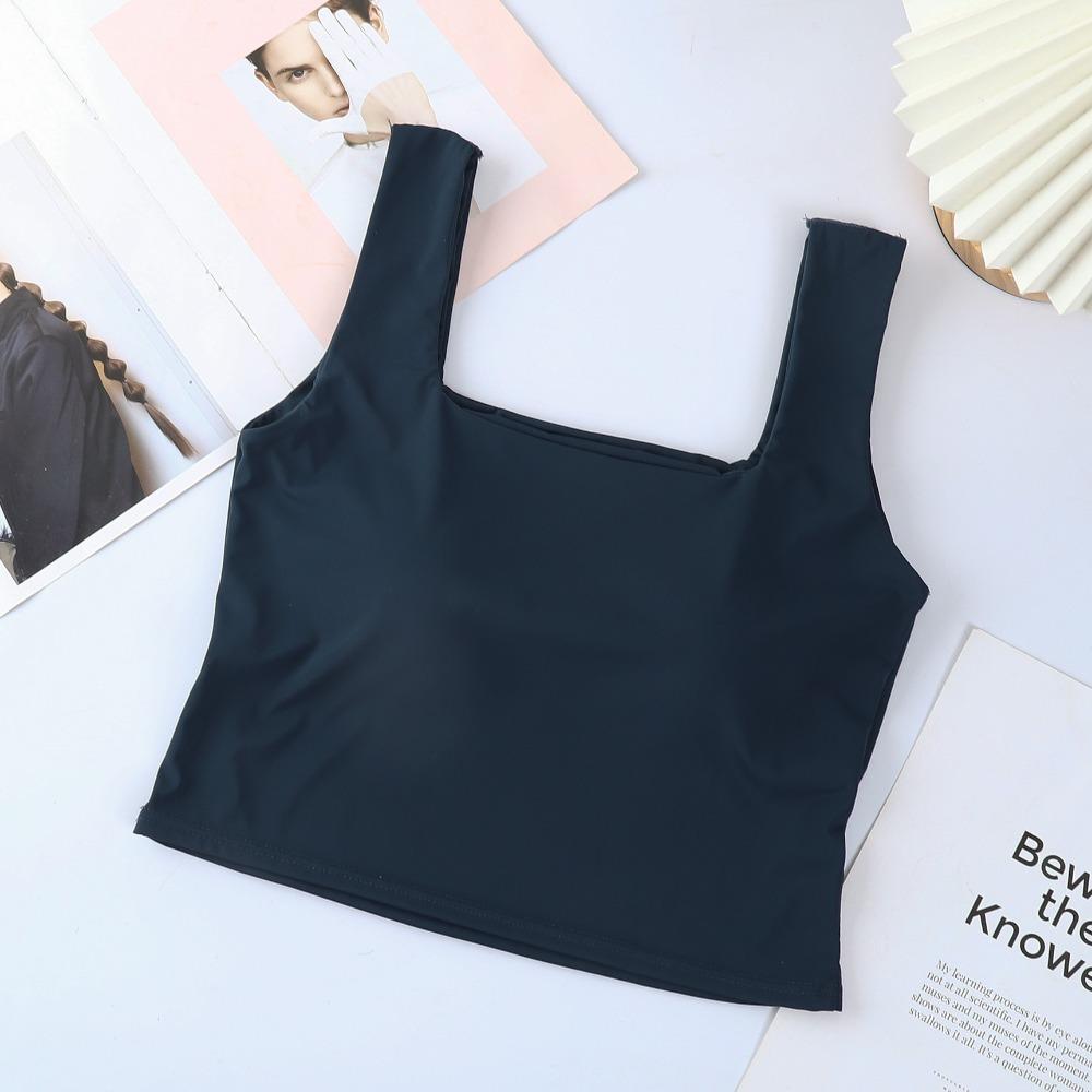 Ice Silk Wide Strap Camis Women Solid Color Square Neck Crop Tops Fashion Padded Tube Top Female Sleeveless Camisole