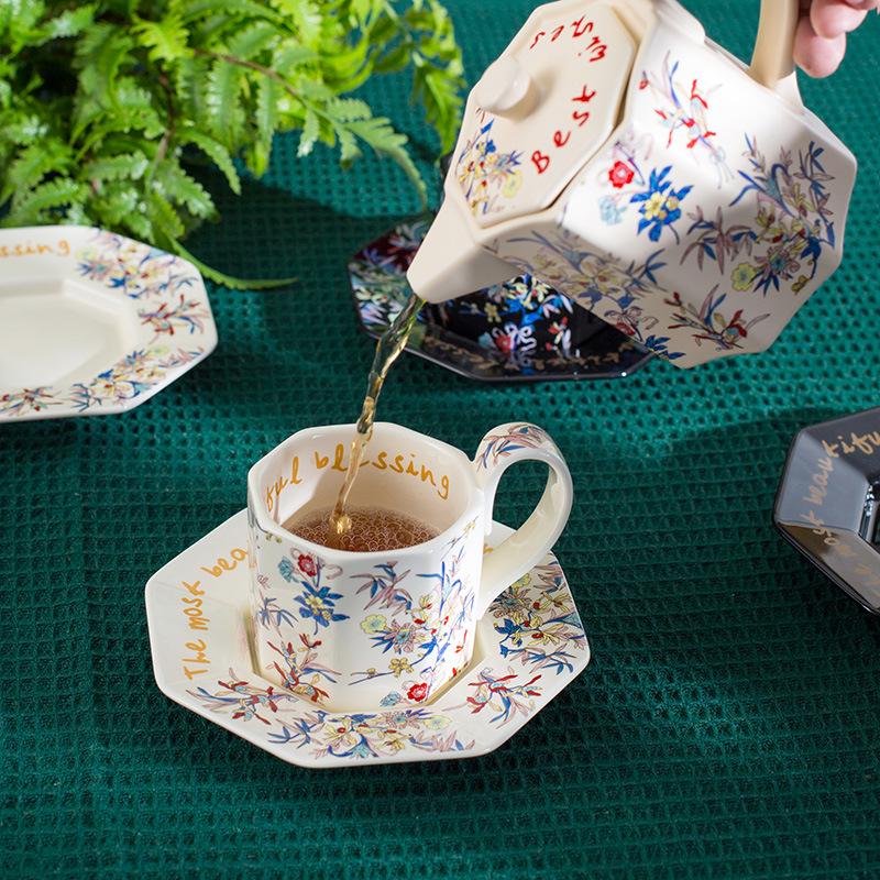 French Pastoral Style Coffee Set: Floral Brocade Cup and Saucer with Teapot - Perfect Gift Item