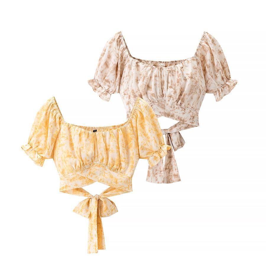 

2025 French Summer Women s Square Neck Tie Bow Short Shirt S светло-желтого