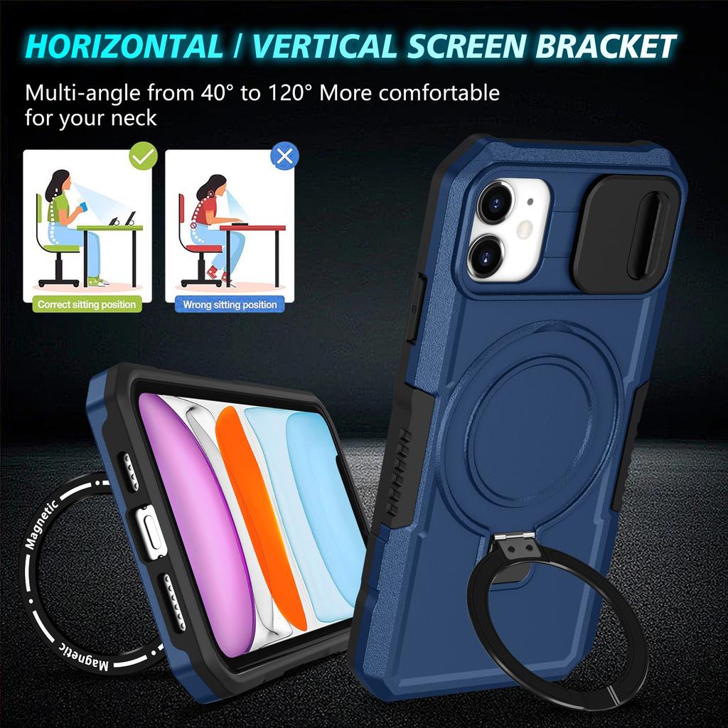 For iPhone 11 Case Invisible Magnetic Kickstand PC+TPU Phone Shell Built-in Sliding Lens Cover