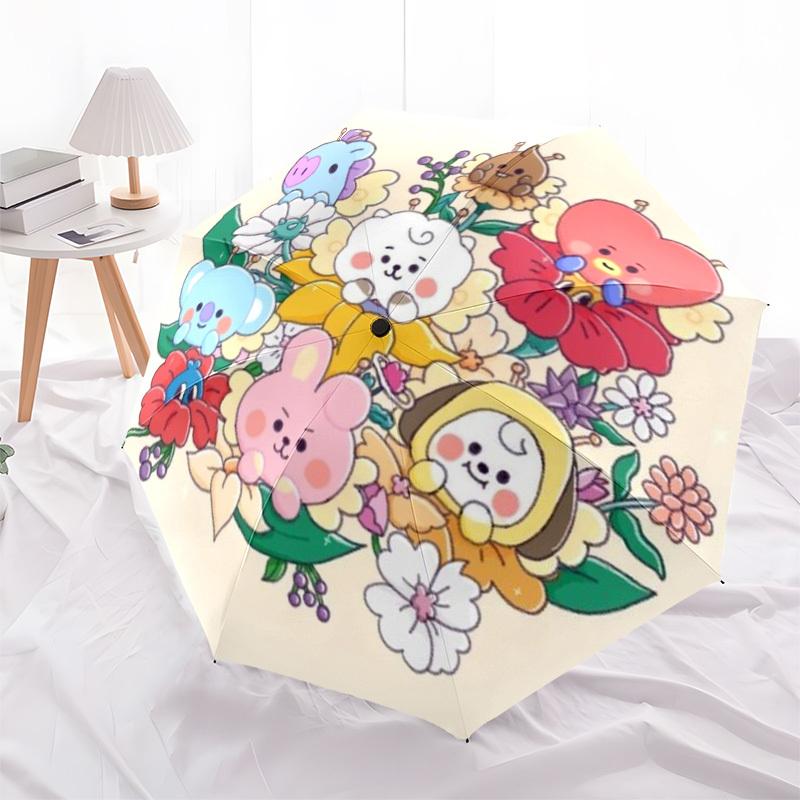 1pc BT21 Characters Automatic Umbrella with 8-Rib Compact Design, Foldable & Portable for Outdoor Leisure, Everyday Use - Ideal Gift for Friends and F