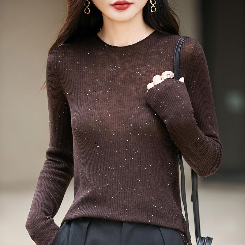 Crew Neck Sweater Women'S Autumn And Winter New Wool Pullover Bottoming Shirt Top Wear Versatile Long-Sleeved Bead Knitted Sweater