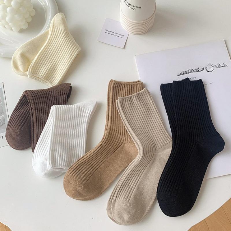 Women's Autumn and Winter Socks, Loose-fitting Postpartum Socks, Solid-colored Vertical Striped Mid-calf Socks, Versatile Casual Socks
