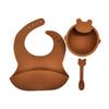 3 Pcs Baby Silicone Bib Sucker Bowl Spoon Set Training Feeding Food Dinner Plate Brown