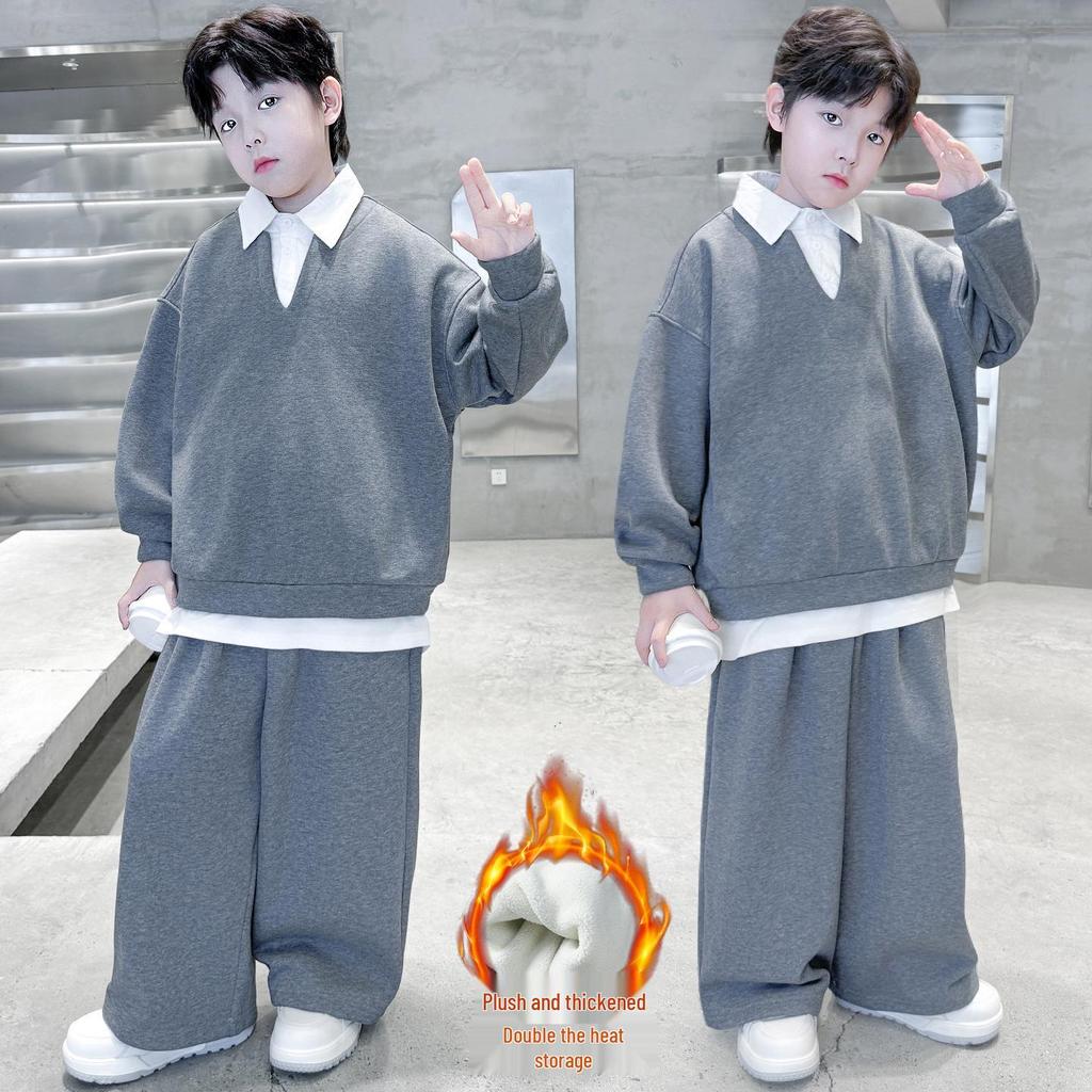 2025 Boys' Spring & Autumn Two-Piece Set - Fashionable Shirt Collar & Knitted Design