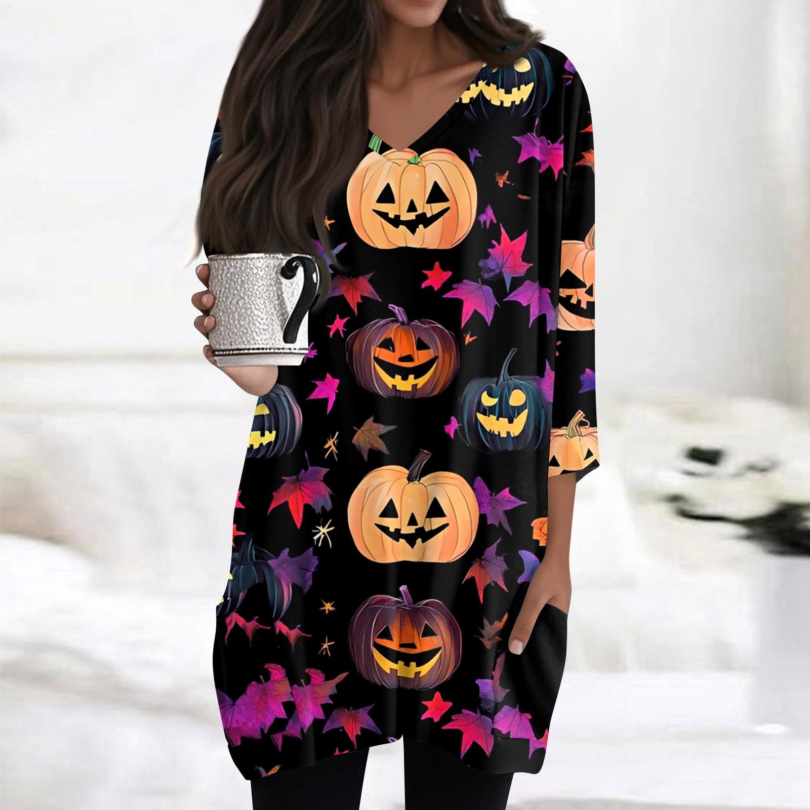 

Женские топы с V-образным вырезом и рукавом 3/4, повседневные блузки средней длины, модные туники с принтом на Хэллоуин и карманами XXL фиолетовый