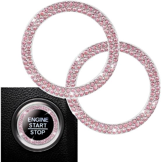 2 Pack Car Engine Start Stop Decoration Ring Pink, Crystal Decorative Ring Sticker Car Interior Accessories for Women, Automotive Pushbutton Switches
