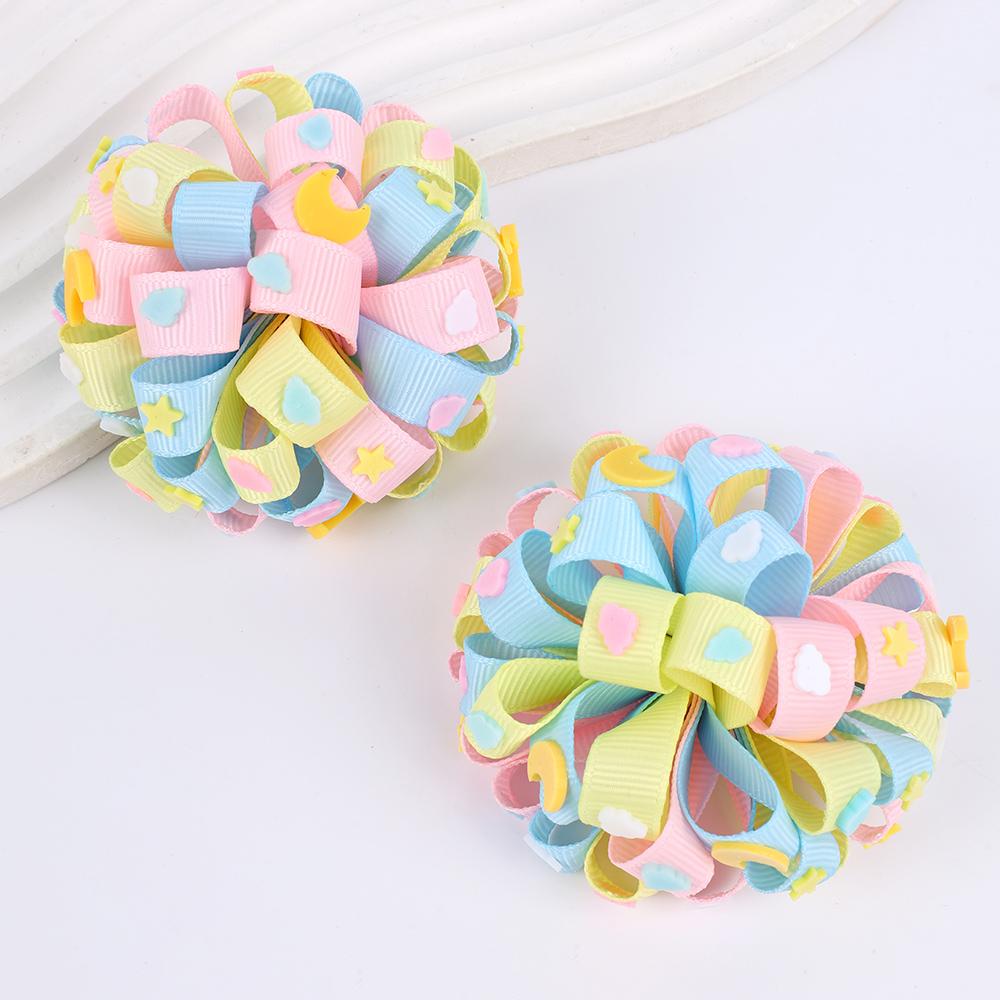 2Pcs New Ribbon Flower Hair Clips Rainbow-coloured Hydrangea Ponytail Holder Hairpins Girl Children's Kids Headwear Accessories
