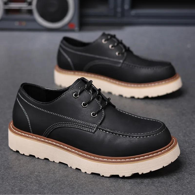 Outdoor Height Increasing Shoes Men Low-top Retro Casual Shoes British Style Work Boots Low-top White Sole Leather Shoes Sneaker