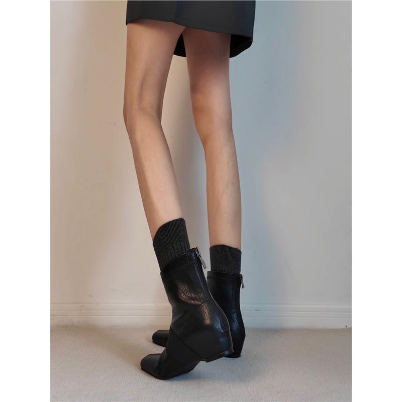 Sheepskin Version~ Retro Square Head Leather Inner Height Increase Black Short Boots Women's 2025 New Autumn and Winter Zipper Martin Boots