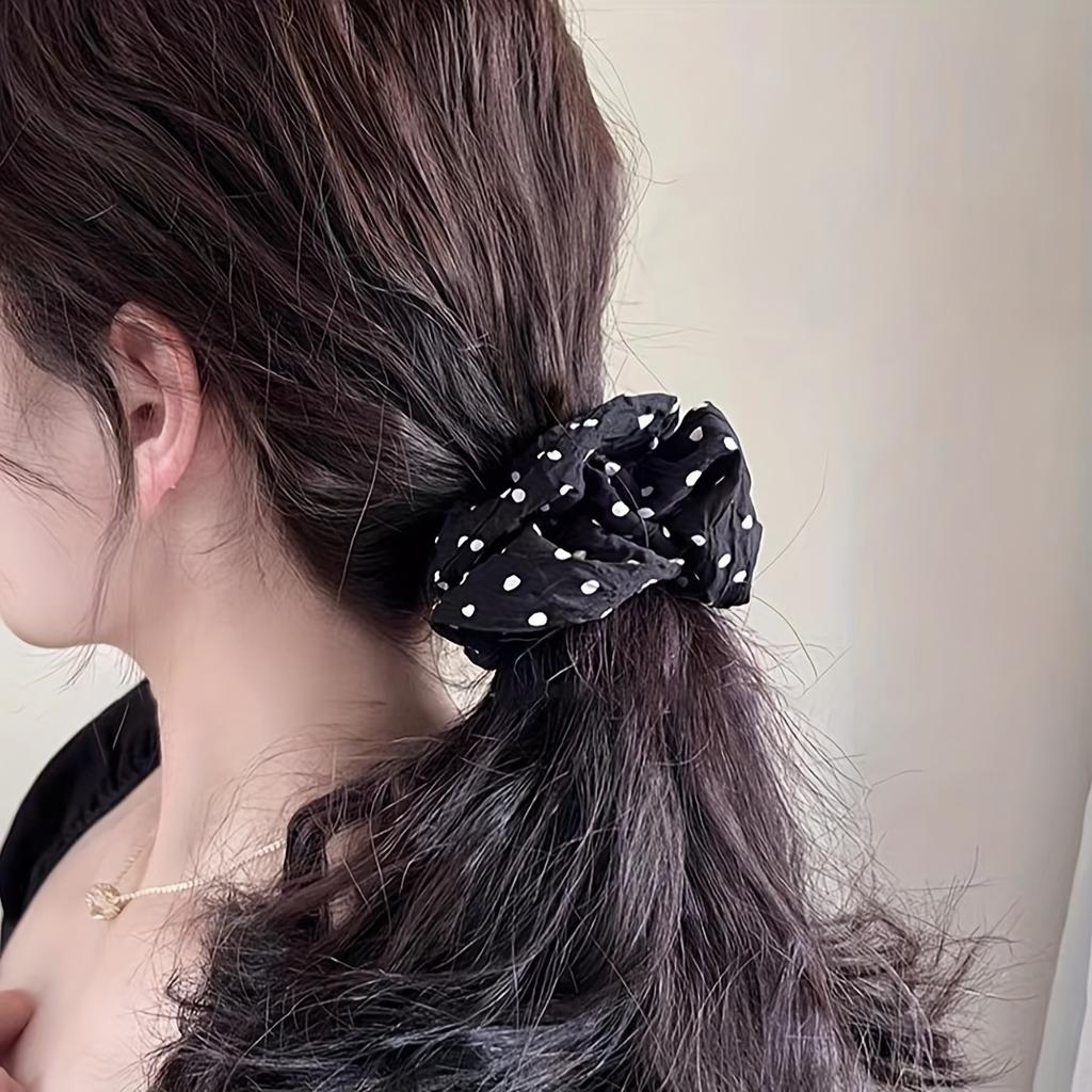 2pcs Black & Cream Polka Dot Scrunchies Hair Ties - Retro Minimalist Elastic Hair Accessories
