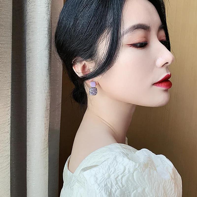 Purple Earrings Female Exquisite Fashion Stud Earrings Retro Temperament High-quality Square Diamond-encrusted Earrings
