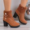 Women's Block Heeled Ankle Boots, Faux Pearl Decor Knit Stitching Booties, Fashion Winter Zipper High Heeled Boots