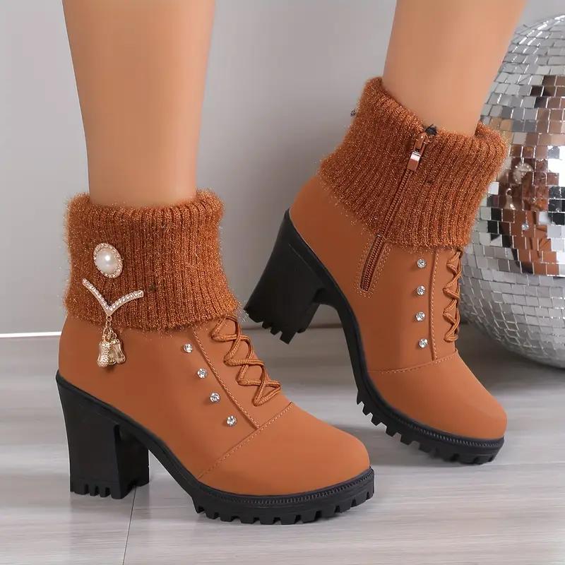 Women's Block Heeled Ankle Boots, Faux Pearl Decor Knit Stitching Booties, Fashion Winter Zipper High Heeled Boots