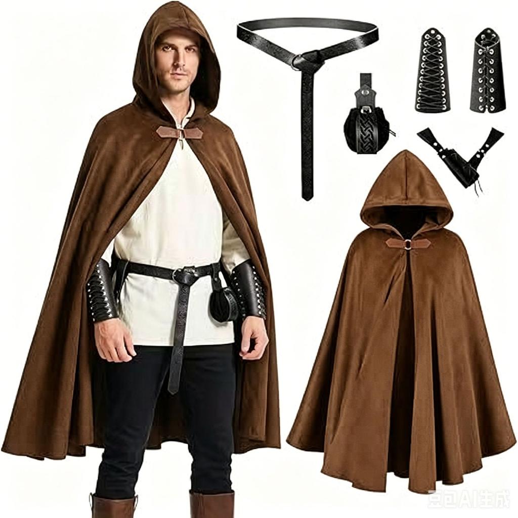 5-piece Set Of Renaissance Hooded Cloaks, Medieval Men's And Women's Halloween Costume Accessories, Cloak Belts