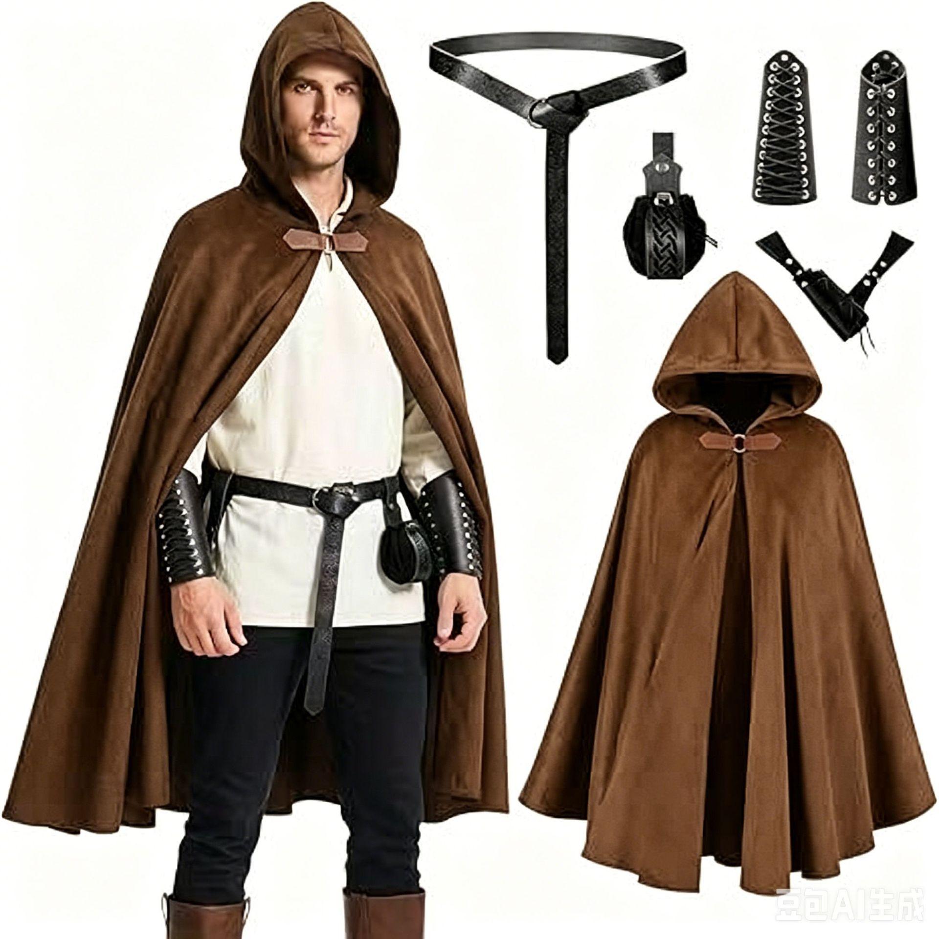 Ensemble de 5 Capes à Capuche Renaissance, Accessoires de Costume d'Halloween Médiévaux pour Hommes et Femmes, Ceintures de Cape One size marron