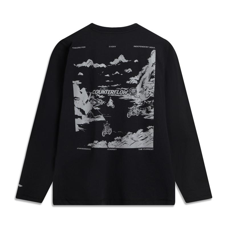 Li-Ning Comfortable Letter Print Loose Round Neck Long Sleeve T-Shirt Men tops ATLV215-4