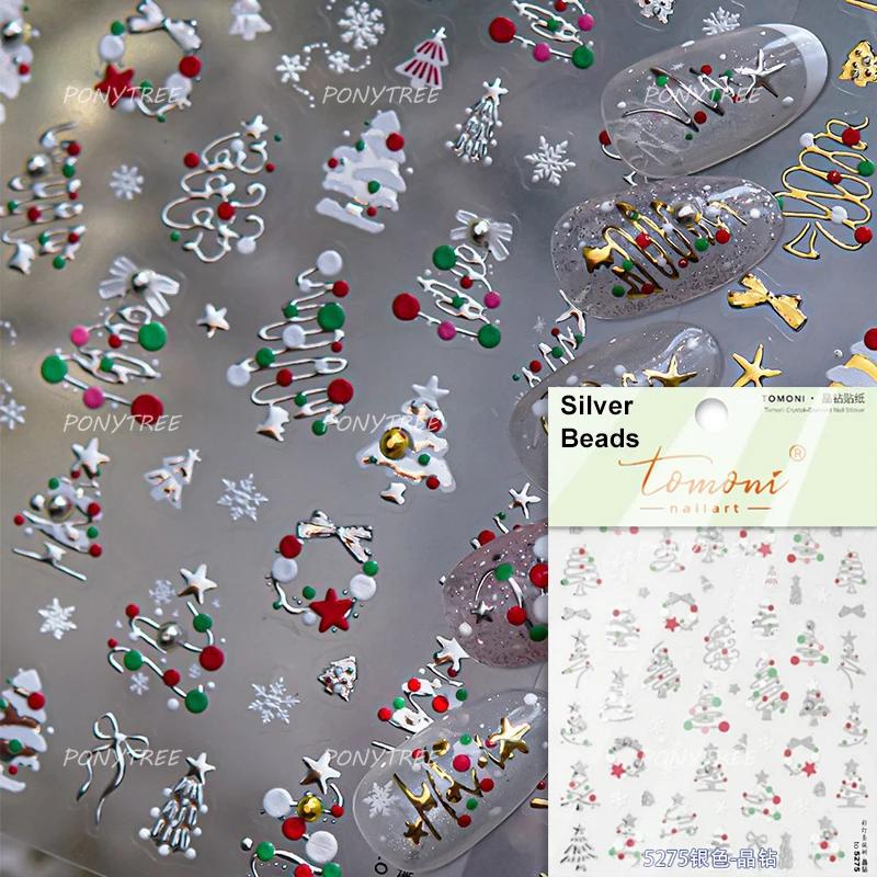 Gold Stamped Snowflake Stars White Christmas Tree Red Bowknot Cute 3D Nail Art Stickers Xmas Lovely Manicure Decals
