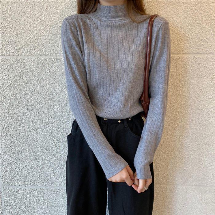 

Женский облегающий вязаный свитер с полувысоким воротником и длинными рукавами - Однотонный дизайн One Size