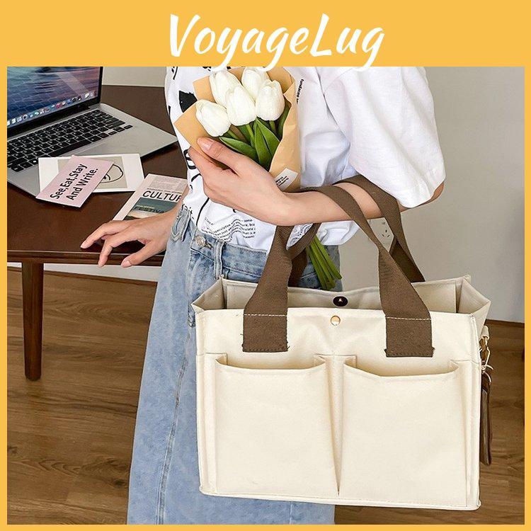 Stylish Tote Canvas Bag For Women In Cream Color With Multi Pocket Design For Everyday Use