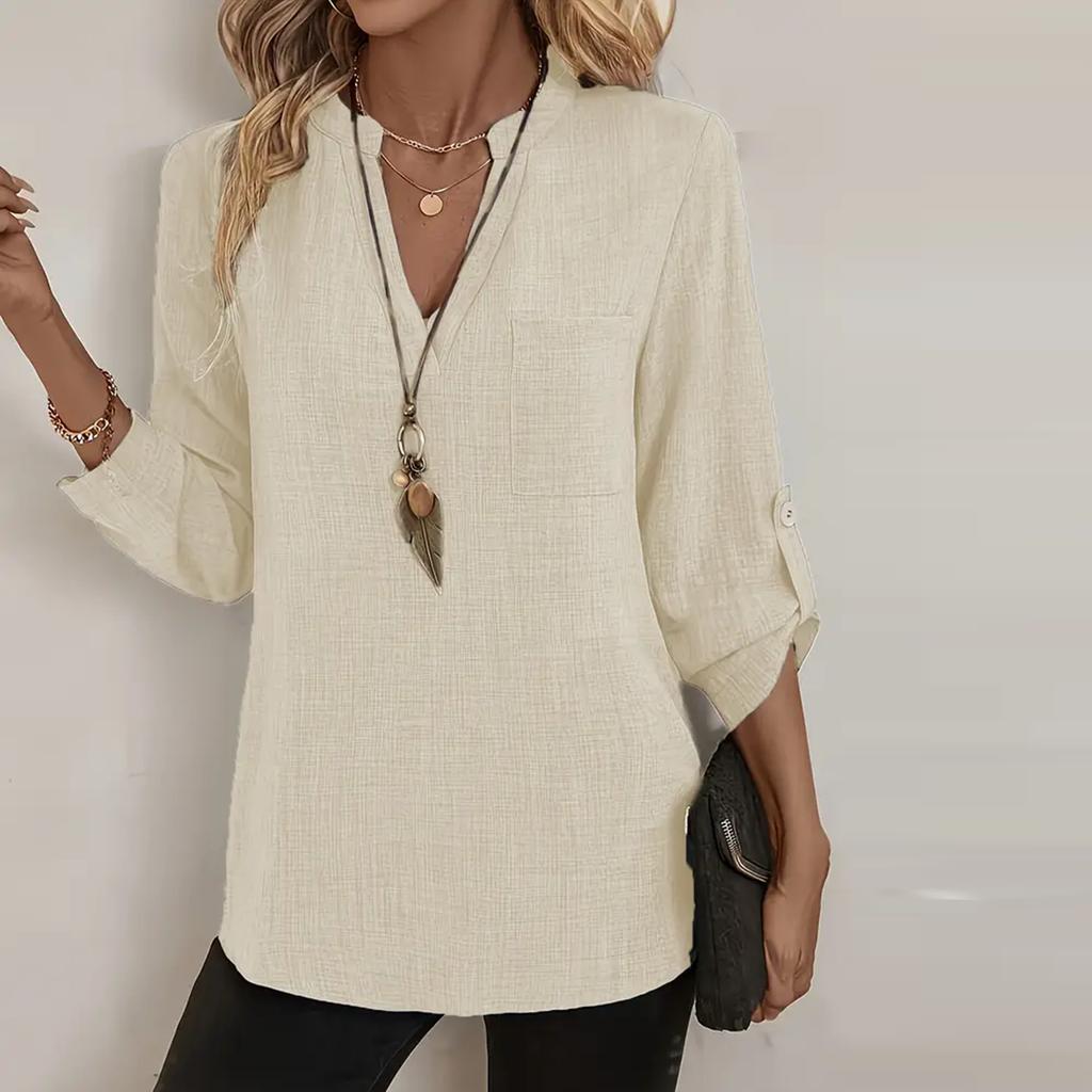 Women's Fashion Nine-minute Sleeve Cotton Linen Solid Colour Casual V-Neck Pocket Blouse Top