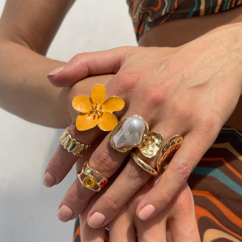 

Flower Pearl Gold Plated Ring Set Vintage Adjustable Open Finger Rings For Women Girls Beach Party Jewelry Gift