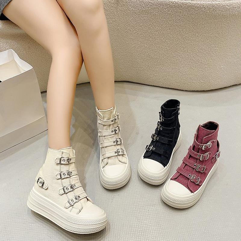 Women's High Canvas Shoe Design Buckle Strap Zip Simplicity Female Shoes Street Grace Waling Shoes