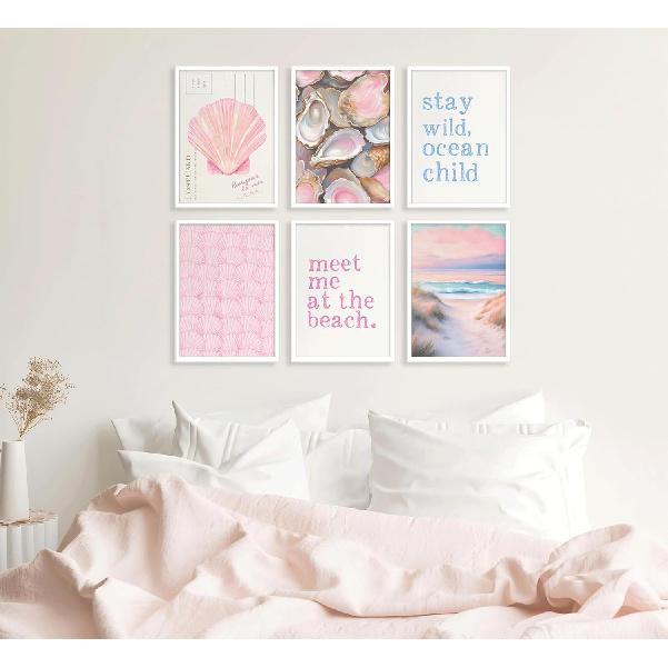 Pink Beach Preppy Wall art Coastal Granddaughter Aesthetic Room Painting Picture Wall Decor Shells Oyster Poster Print Artwork for Girls Room Girls