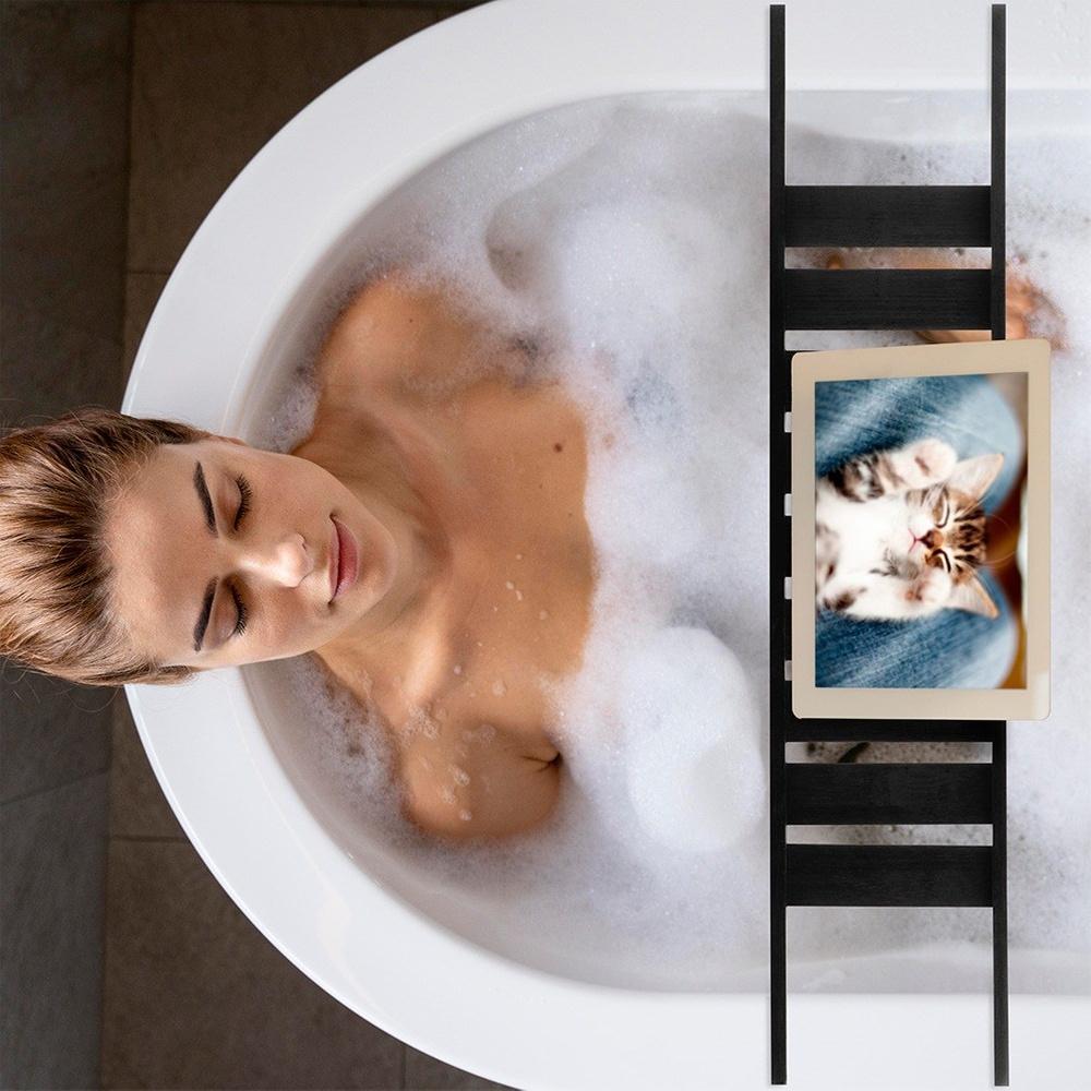 Étagère de Baignoire Salle de Bain Bambou Noir pour Cosmétiques Accessoires Boissons