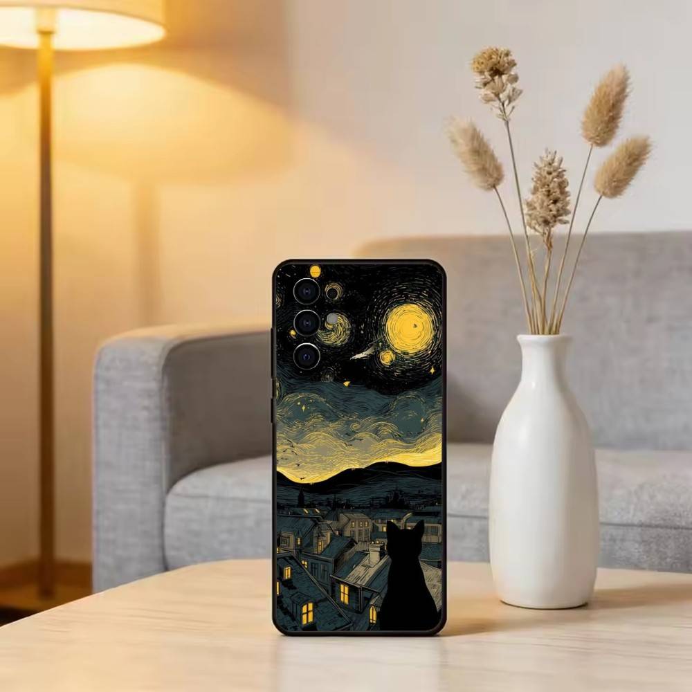 Cute Black Cat Illustration Phone Case For Samsung S25,S24,S21,S22,S23,S30,Ultra,S20,Plus,Fe,Soft Silicone Black Cover
