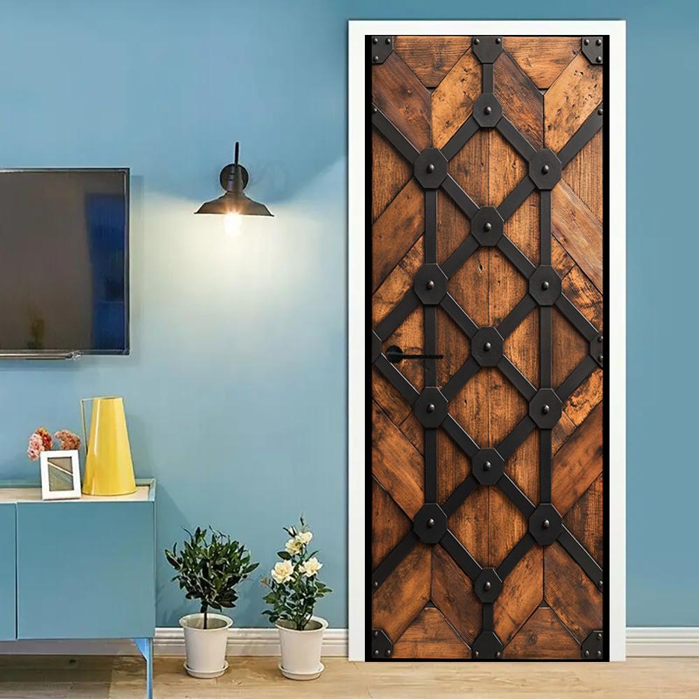 1Pcs Modern PVC Wood Door Sticker, Peel and Stick Mural, Self-Adhesive Removable Door Decal, Elegant Poster for Bedroom Living Room Door