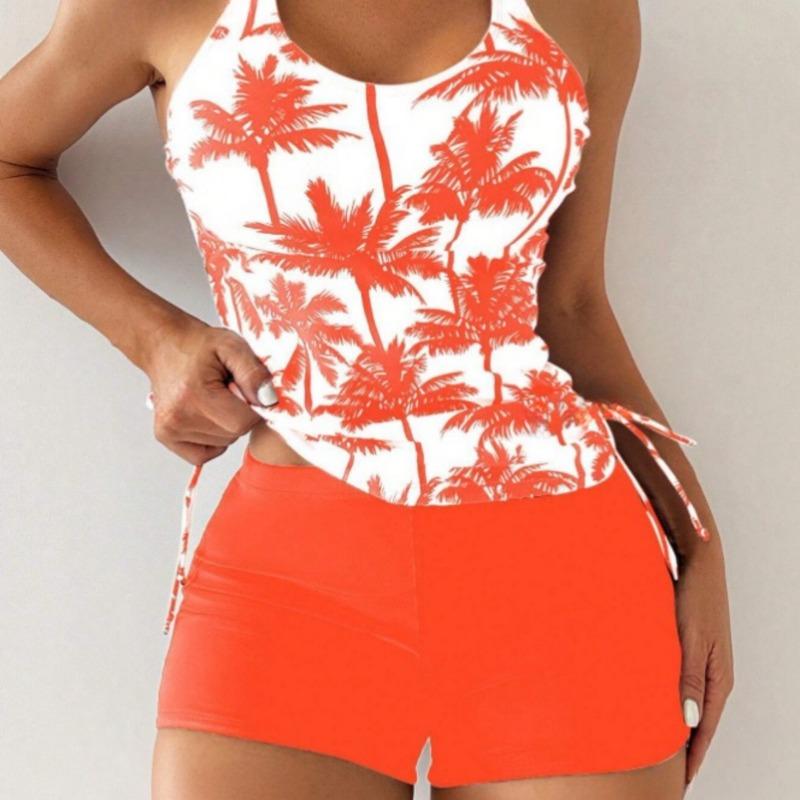 Bikini da Donna con Stampa Copri Pancia ad Angolo Piatto e Vento Festivo Sottile Tankini Costume da Bagno Diviso Europeo e Americano Donna