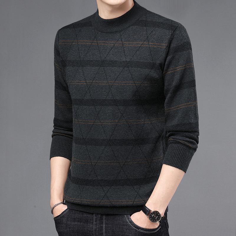 Men S Round Neck Pullover Sweater Color Block Thick Warm Casual Middle Aged