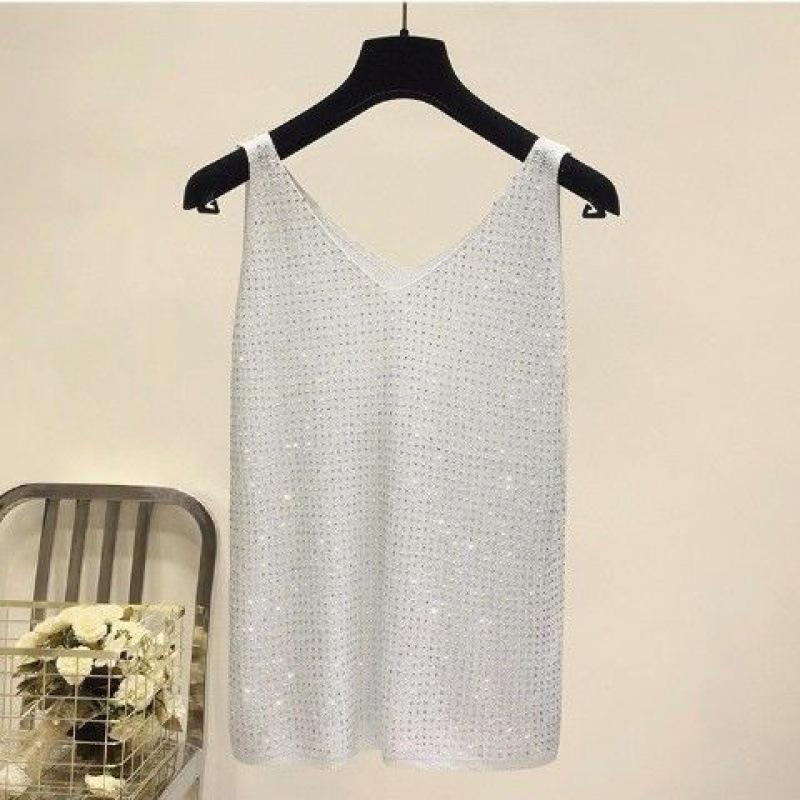 Women Ice Silk Diamond Shirt Female Wild V Neck Sleeveless Loose Short Shirt Tank Top Summer Camis and Vests