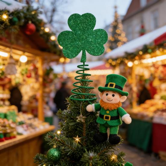 St. Topper de Árvore de Trevo de São Patrício com Base de Primavera Glitter Trevo Irlandês Miniatura Decoração de Topo de Árvore de Natal Ornamento para Festa de Feriado