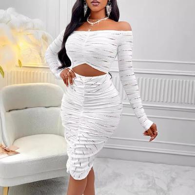 Spring and Autumn Women's Fashion Sexy Solid Colour One Shoulder Long Sleeve Hollow Out Dress