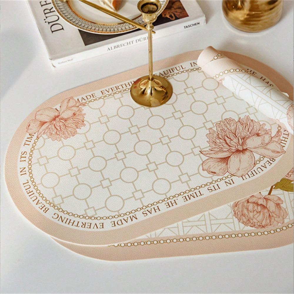New Elliptical Floral Placemats Leather Waterproof Dining Pads Heat-Resistant Non-Slip Place Mats Coaster Decor