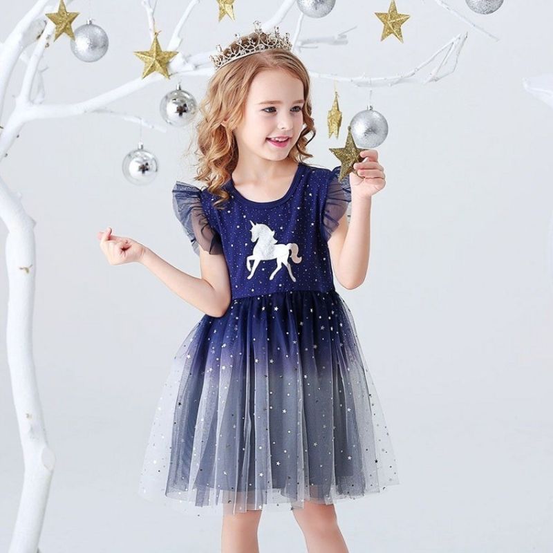 Girls' Fashionable Short-Sleeve Unicorn Dress: Summer Children's Tulle Princess Dress