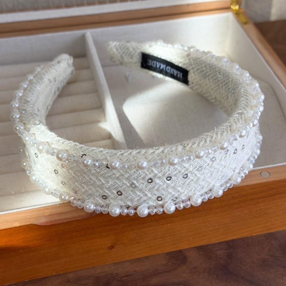 French Style Pearls Cloth Hair Hoop Rose Print Beige Blue Hair Band Beads Crystal Headband  Outdoor