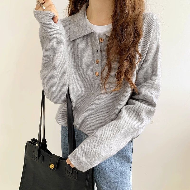 Retro Polo Collar Sweater for Women Autumn Winter New Pullover Soft Casual Sense Sweater Female