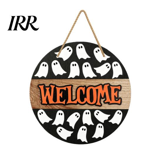 Haunted House Door Sign Halloween Hanging Sign, Wooden Front Hanger Wreath, Cute Eye-catching Ghost Welcome for Porch Wall Indoor Home Decoration