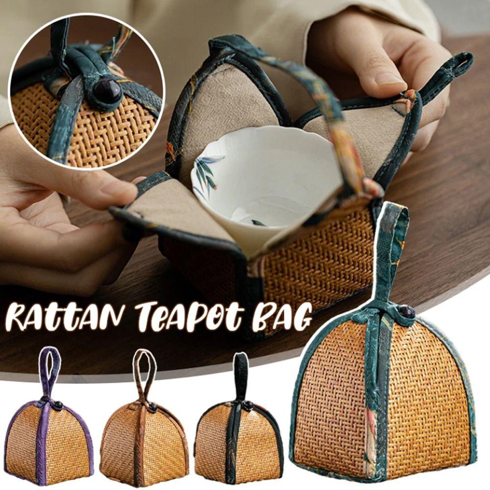 Handmade Spliced Drawstring Pocket with Handle Teapot Bag Rattan Pattern Storage Bag  For Small Cup