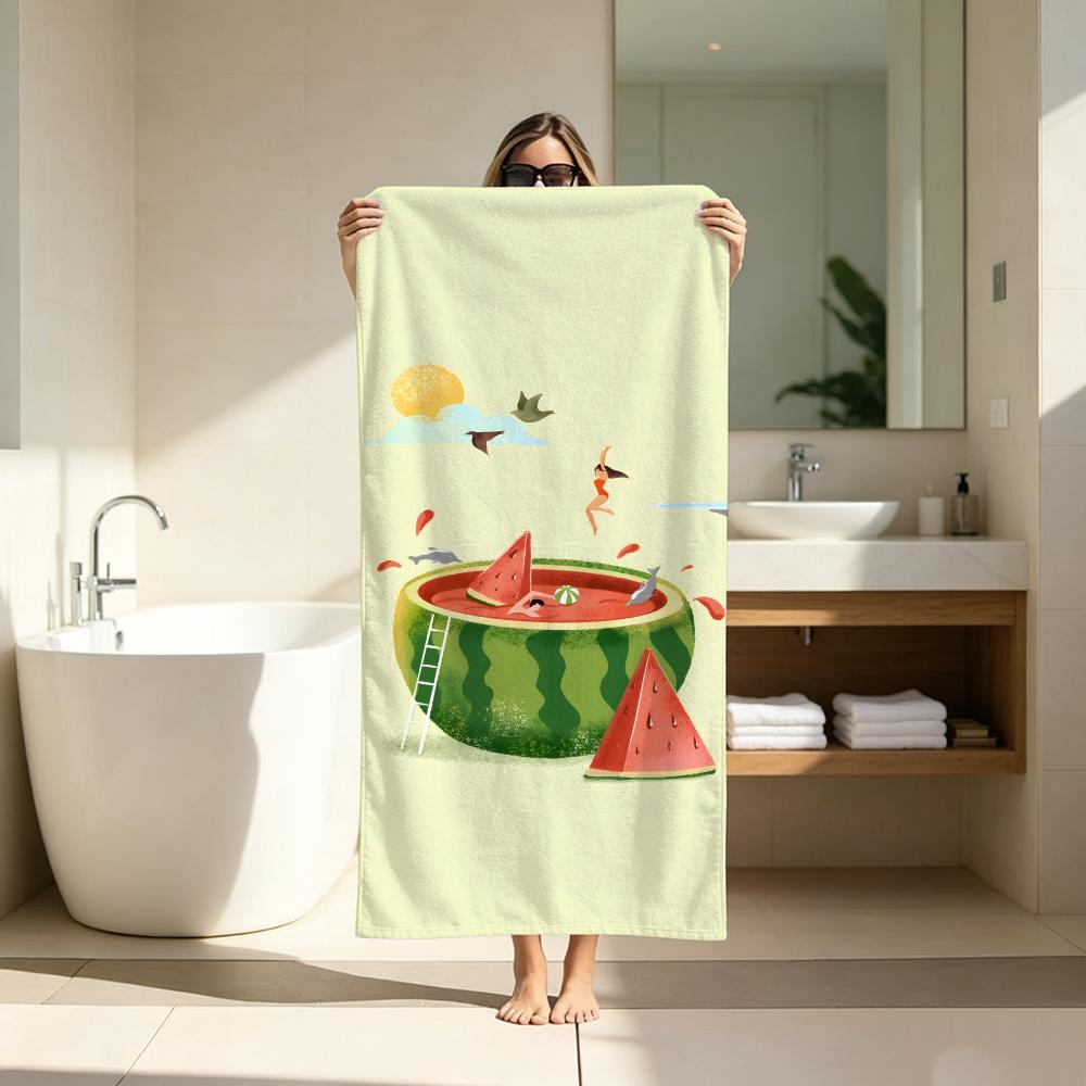 Cute Watermelon Surfboard Illustration Towel ultra-fine fiber quick drying absorbent bath towel, outdoor swimming sports towel