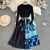 Vintage Elegant  O Neck Print  Pleated Long Sleeve Knit Dress A-line Casual Women Fashion High Waist Summer Spring